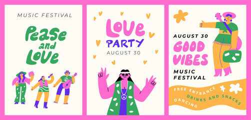Hippie-style posters about a music festival. Bright retro postcards with funny people from the 70s. Typography and lettering.