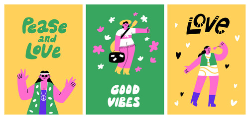 Funny postcards in the hippie style. Fashionable bright people from the 70s. Beautiful young girls. Typography and lettering.