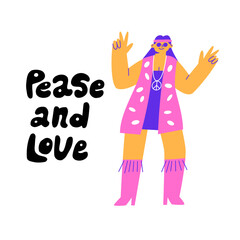 Obraz premium Funny Hippie girl. Peace and Love typography. the woman shows a gesture. Bright flat illustration