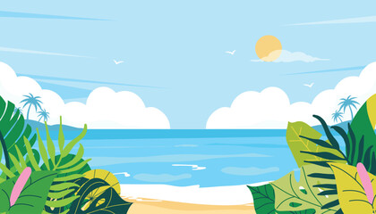 Fototapeta na wymiar Beach landscape with tropical plants. Ocean and sand beach.