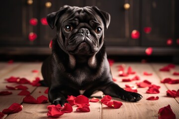 Lovely black pug dog with red rose petals falling down on the floor in valentine day