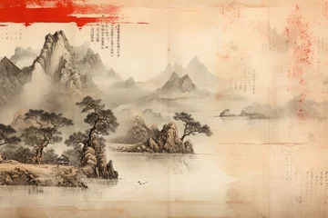 Gordijnen Chinese lake landscape painting in exotic vintage background style. Generative AI © Adventine Designs