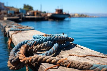Fototapeta premium Tied up rope on a mediterranean fisherman's pier, Generative AI