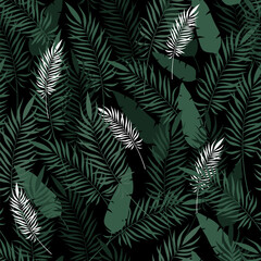 Seamless pattern with palm leaves. Exotic green foliage on black background. Botanical elements. Jungle flora. Decor textile, wrapping paper, wallpaper design. Tropical print. Vector concept