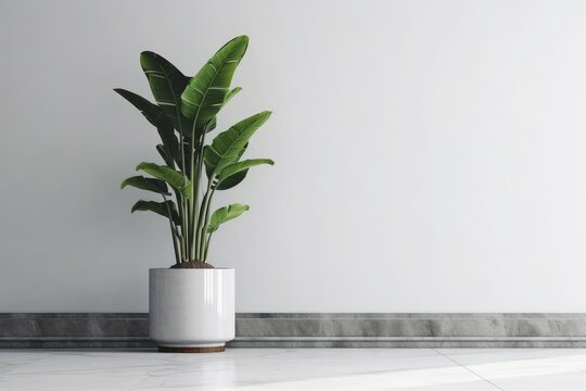 Blank clean white wall, green tropical banana tree in concrete pot on gray granite floor