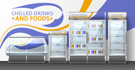 Store fridges display design. Commercial refrigerators and showcases with glass doors, supermarket cooling electric equipment, uniform style, 3d isolated elements, utter vector concept