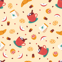 Tea seamless pattern. Hot drinks in ceramic mugs, coffee and sweet pastry. Decor textile, wrapping paper, wallpaper design. Print for kitchen fabric. Cartoon flat style vector illustration