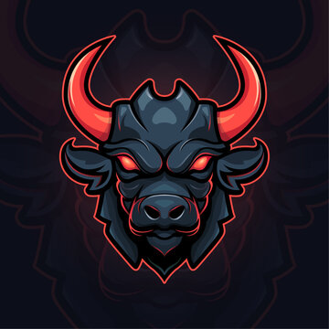 Bullhead logo for gaming or esport team, esport logo, animal logo, modern bull logo with red horn and glowing red eyes