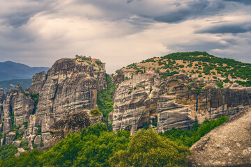 two monasteries of meteora on gigantic rock formations