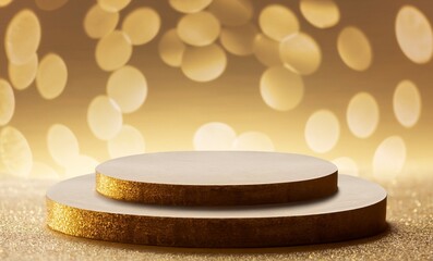 white christmas tree,, gold glitter defocused abstract twinkly lights grunge background. Rounded wooden podium for products or cosmetics with beautiful wall with shadows and light Abstr, Ai Generate 