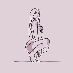 Girl in underwear on a pink background. Sex shop design. Female sexuality. Vector illustration in line art style