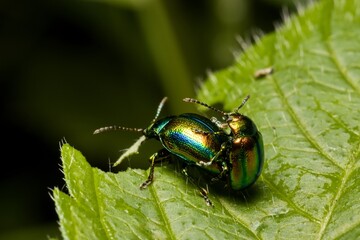 Green beetles (Chrysomela varians) during copulation. Macro.