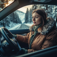 Fototapeta na wymiar Woman driving car on snowy road. Generative AI