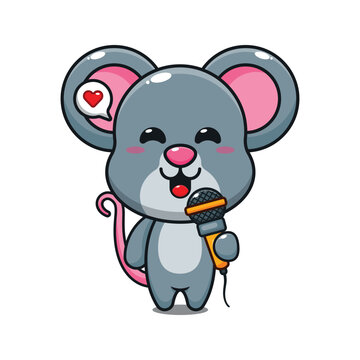 cute mouse holding microphone cartoon vector illustration.