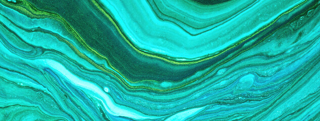 Abstract fluid art background turquoise colors. Liquid marble. Acrylic painting on canvas with cyan gradient.