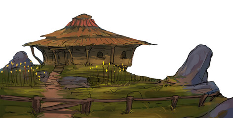 PNG cartoon old farmer village city house on landscape hand drawn art illustation

