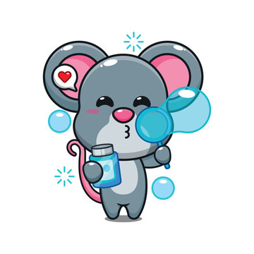 cute mouse blowing bubbles cartoon vector illustration.