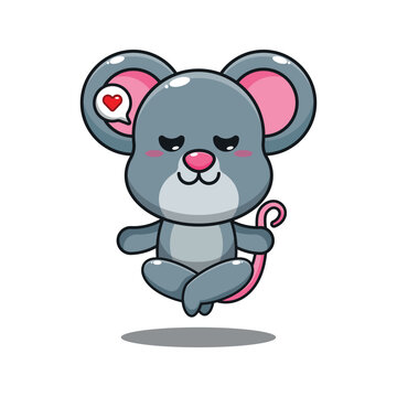 cute mouse doing meditation yoga cartoon vector illustration.