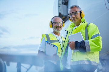Portrait confident air traffic control ground crew workers digital tablet near airplane on tarmac - obrazy, fototapety, plakaty
