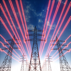 High voltage transmission towers with red glowing wires against blue sky - High energy concept © peterschreiber.media