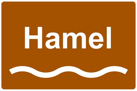 Illustration eines Flussnamenschildes des Flusses "Hamel"	