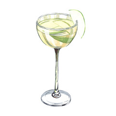 Watercolor refreshing alcoholic drink apple martini cocktail with a slice of apple. Hand-drawn illustration isolated on white background. Perfect for recipe lists with drinks, brochures for cafe, bar