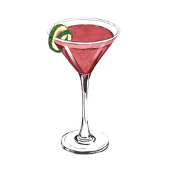 Watercolor cocktail cosmopolitan on garnished with a lime in glass. Hand-drawn illustration isolated on white background. Perfect for recipe alcoholic lists with drinks, brochures for cafe, bar