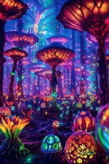 Generative AI. Generative AI. Amusement park with giant neon mushrooms
