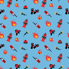 Fireman seamless pattern. Hydrant, helmet, walkie-talkie, fire, gloves, flashlight. Design for fabric, textile, wallpaper, packaging.