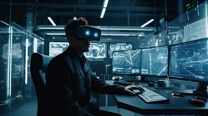 A man wearing a VR headset is immersed in a metaverse world. Generative AI