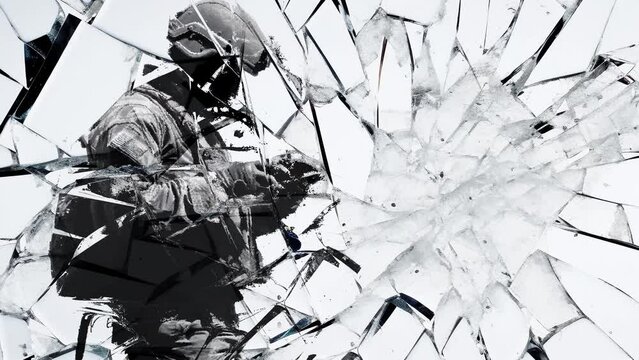 Broken Glass Soldier
Silhouette of a soldier looking at his phone distorted behind moving broken glass.