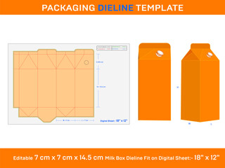 Milk or Juice carton Box, Dieline Template, 7x7x14.5 cm