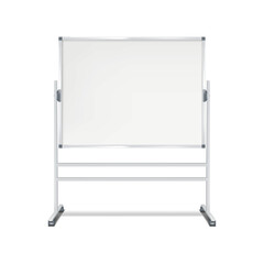 Blank whiteboard on wheeled stand vector mockup. Revolving flipchart magnetic white board with wheels realistic mock-up.  Template for design