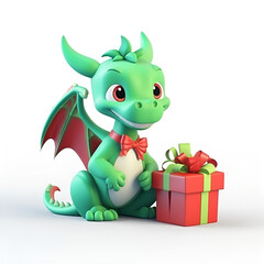 Green dragon with a gift box. Cute cartoon character, symbol of the new year 2024.