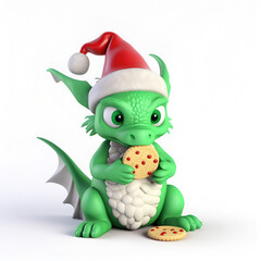 A green dragon in a Santa Claus hat is eating Christmas cookies. Cute cartoon character, symbol of the new year 2024.
