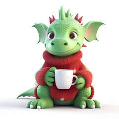 A green dragon in a knitted red sweater drinks from a cup of cocoa. Cute cartoon character, symbol of the new year 2024.