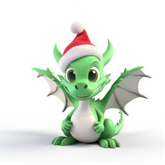 Green dragon in Santa's hat. Cute cartoon character, symbol of the new year 2024.