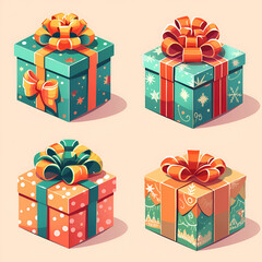 Boxes with New Year's gifts are festively decorated on a light background. Illustration