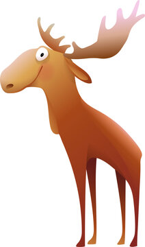 Silly and funny moose or elk from the forest. Cute animal character design for kids, mascot for children. Isolated vector clip art illustration in watercolor style.