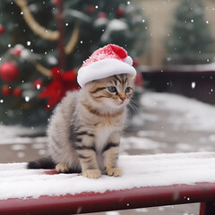 Cute a kitten in a santa claus hat sits on a bench. Snowfall.