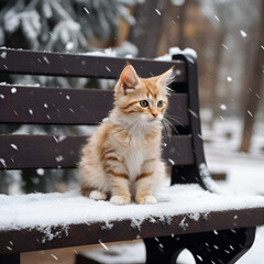 Cute kitten sits on a bench. Snowfall.