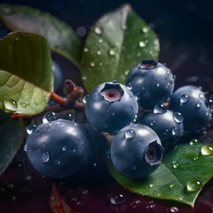 Blueberry with drops of water (dew) on a dark background. Macro. Illustration. Background.
