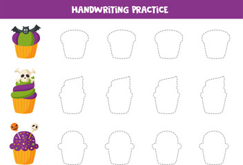 Handwriting practice with cartoon Halloween cupcakes. Tracing lines for preschoolers.