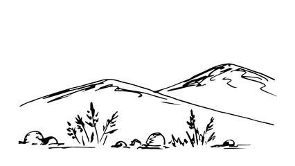 Simple black outline vector drawing. Desert area, mountain landscape, bushes of dry grass, stones. Wild nature. Ink sketch.