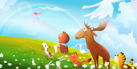 Animals in meadow flying kite in sky with rainbow. Bear, moose, fox and goat going for adventures. Summer animals, colorful illustration for children in watercolor style. Vector cartoon for kids.