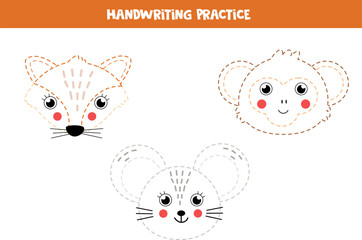Handwriting practice with cartoon animal faces. Tracing lines for preschoolers.