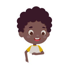 Cute little boy points his finger at the empty poster. Template for children design. Cartoon schoolboy character. Vector illustration