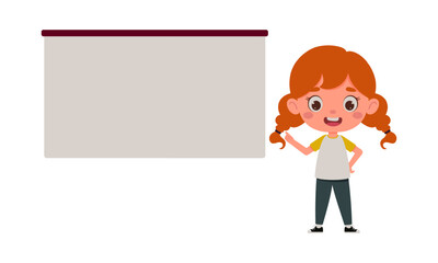 Cute little girl points his finger at the empty board. Template for children design. Cartoon schoolgirl character. Vector illustration
