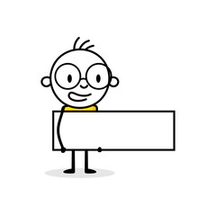 Comic man holding a blank banner on white background. Hand drawn doodle boy. Vector stock illustration