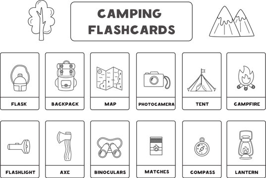 Black and white camping items with names. Flashcards for learning English.